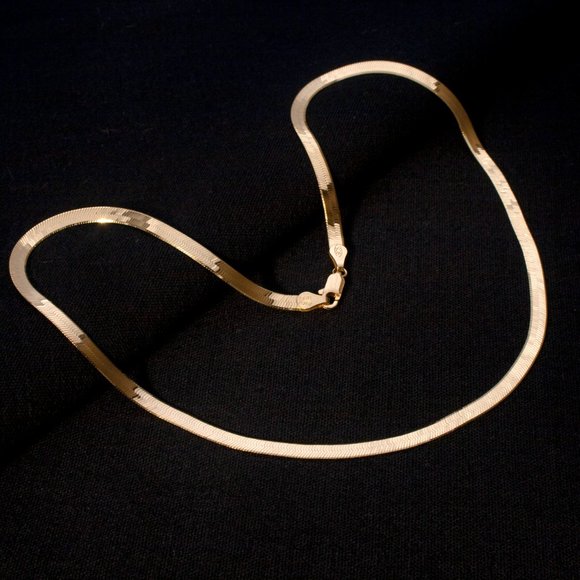 Herringbone Necklace, Italian Gold 18K Gold Plated Magic Flat Snake Choker Chain - Picture 1 of 6
